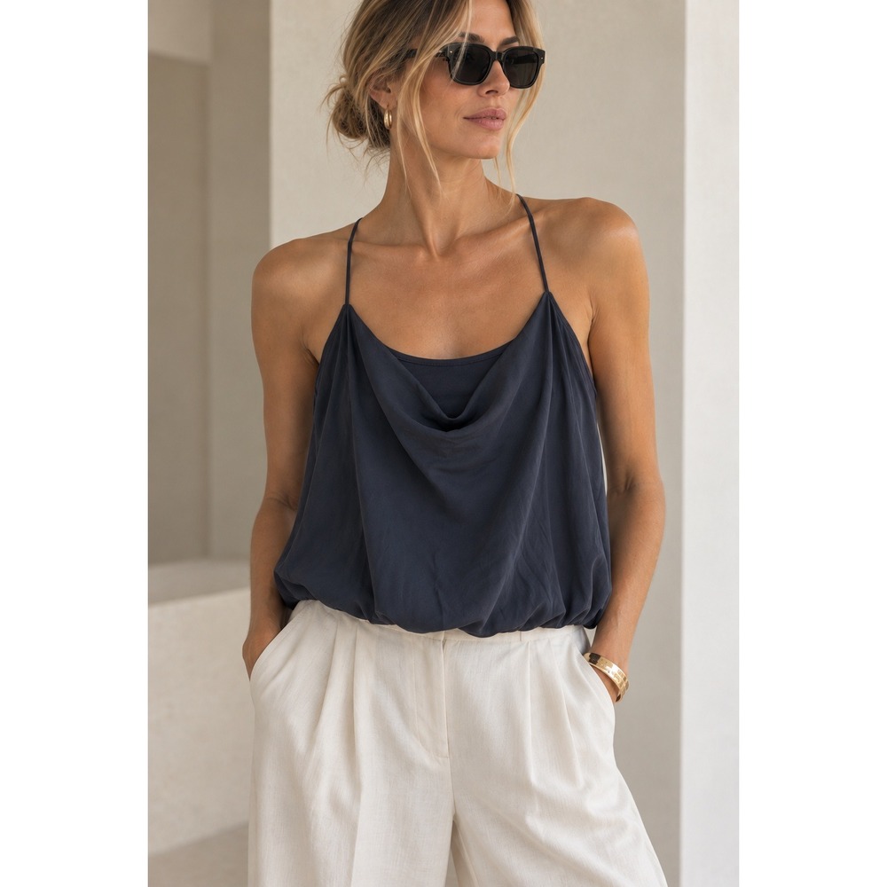 Vince Silk Cami Top Womens XS Navy Cowl Neck Strappy Layered Minimalist Tank
